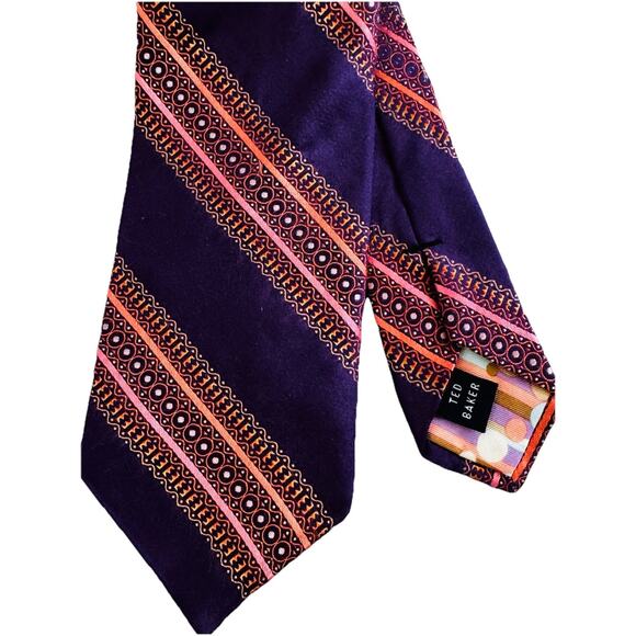 EUC TED BAKER LONDON 100% IMPORTED SILK MENS TIE STRIPED PURPLE PINK - Picture 2 of 5